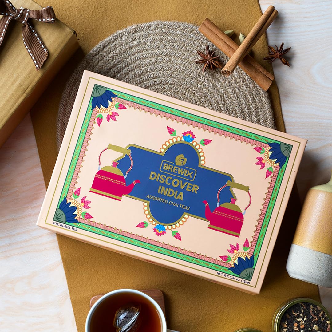 BREWIX, Discover India Premium Black Tea Christmas Gift Box (6.34oz/90+ Cups) | Tea Gift Sets For Tea Lover | 6 Unique Chai Teas | Best for Birthdays, Anniversaries & Holidays