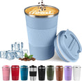 YINBAOGE Insulated Travel Coffee Mug Spill Proof Leak Proof Pobtable To Go Camping Stainless Steel Coffee Tumbler Reusable Coffee Cups with Lids Thermos for Hot and Cold Drink (Light blue, 17 OZ)