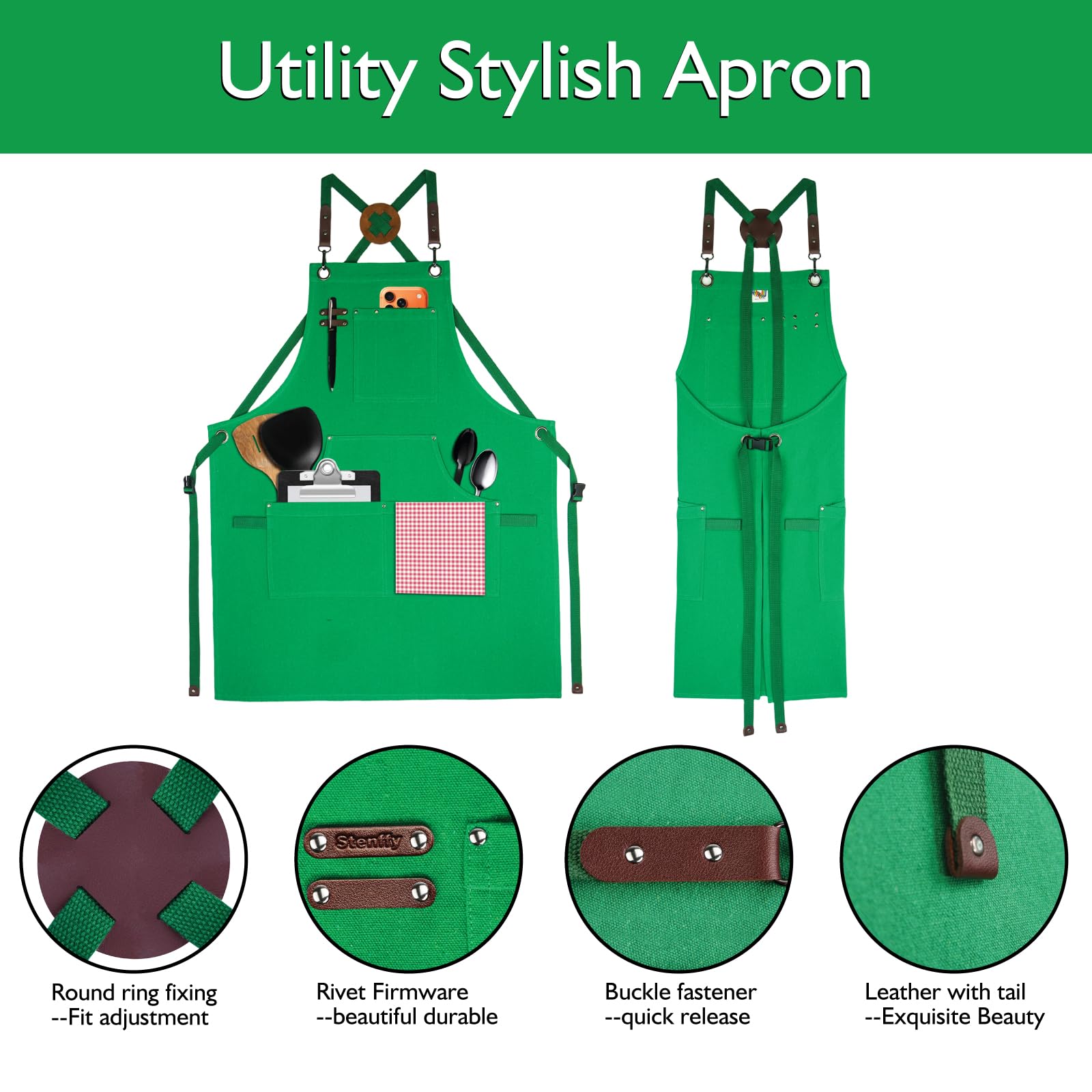 Stenffy Kitchen Apron, Work Apron, Canvas Apron, Green