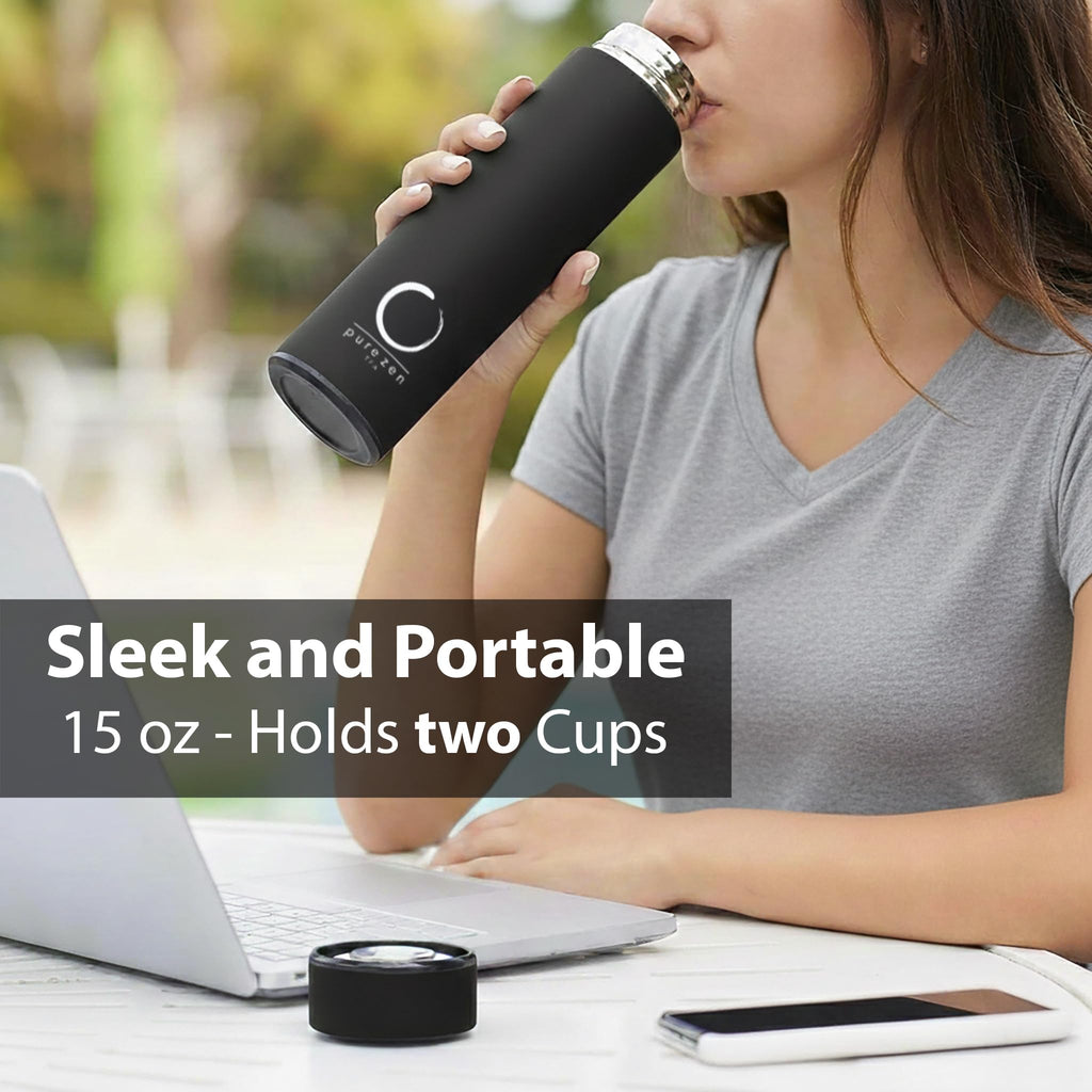 Pure Zen Tea Thermos with Infuser for Hot and Cold Infusions, Coffee and Fruit-Infused Water - Stainless Steel - Tea Infuser Bottle - Leakproof Travel Mug with Filter - 15oz - Black