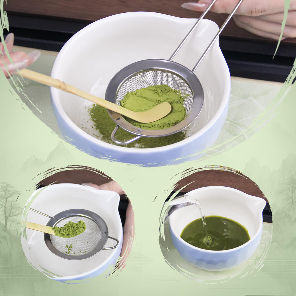 Matcha Whisk Set – Ceramic Matcha Bowl with Pour Spout, Bamboo Whisk, Whisk Holder, Scoop, Sifter – Japanese Matcha Kit for Beginners (Gradient Blue)