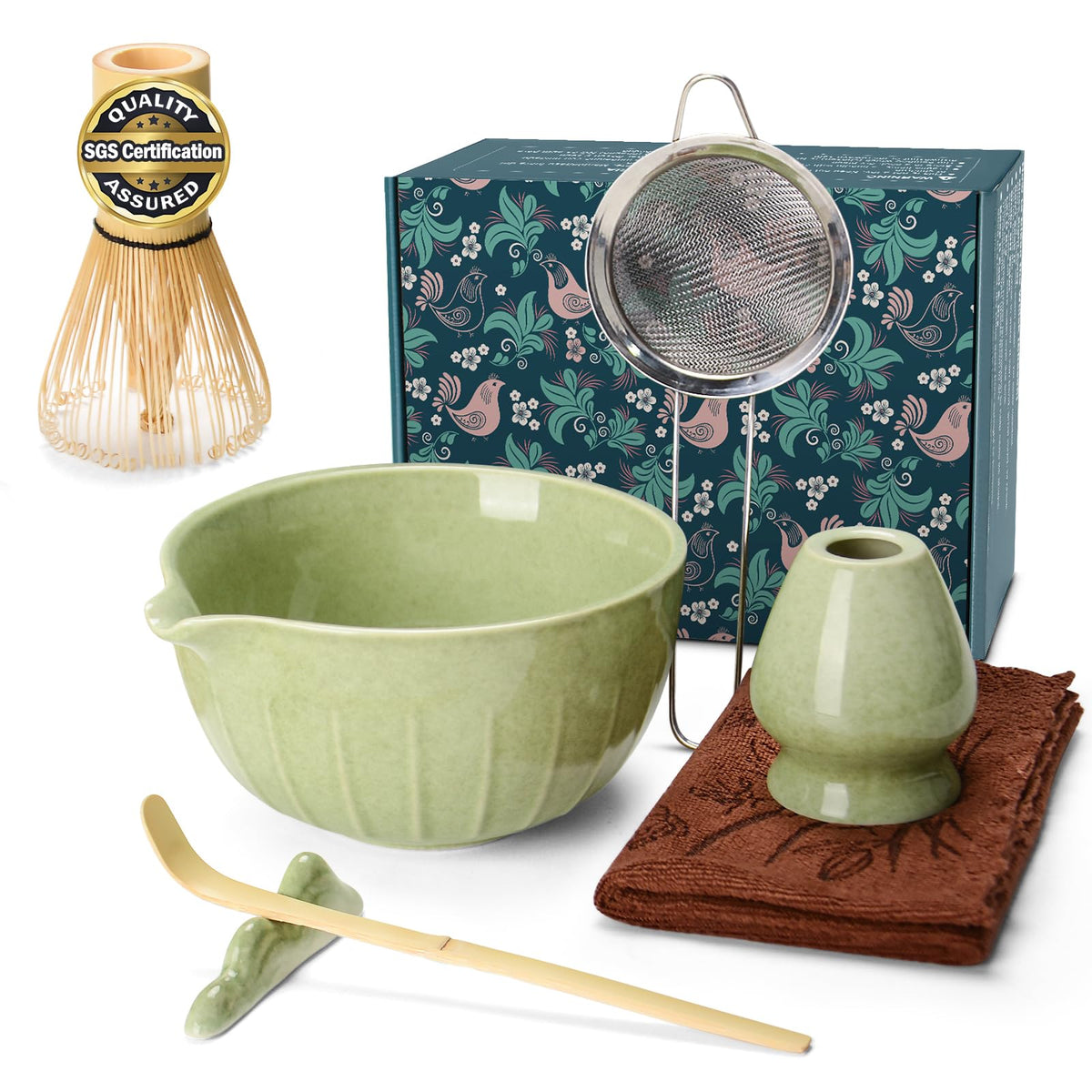 MONOJOY Matcha Whisk Set Ceramic Bowl Kit with Spout, Bamboo Chasen and Holder, Scoop Rest,Sifter Tea Towel Ceremonial Cute Matcha Tea Making Tool,Gift Perfect for Latte Lovers | Beginners,7pcs