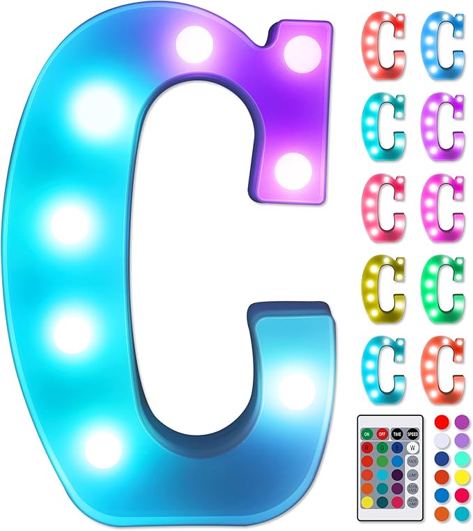 Foaky Colorful LED Letter Lights with Remote,Marquee Light Up Letters Sign for Night Light Wedding/Birthday Party Battery Powered Christmas Lamp Home Bar Decoration(C)