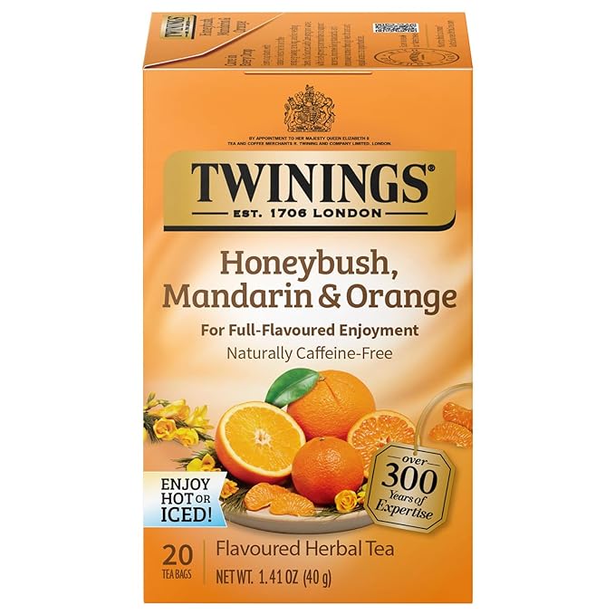 Twinings Honeybush, Mandarin, & Orange Herbal Tea Individually Wrapped Bags, 20 Count (Pack of 1), Naturally Caffeine-Free, Enjoy Hot or Iced, 20 Teabags
