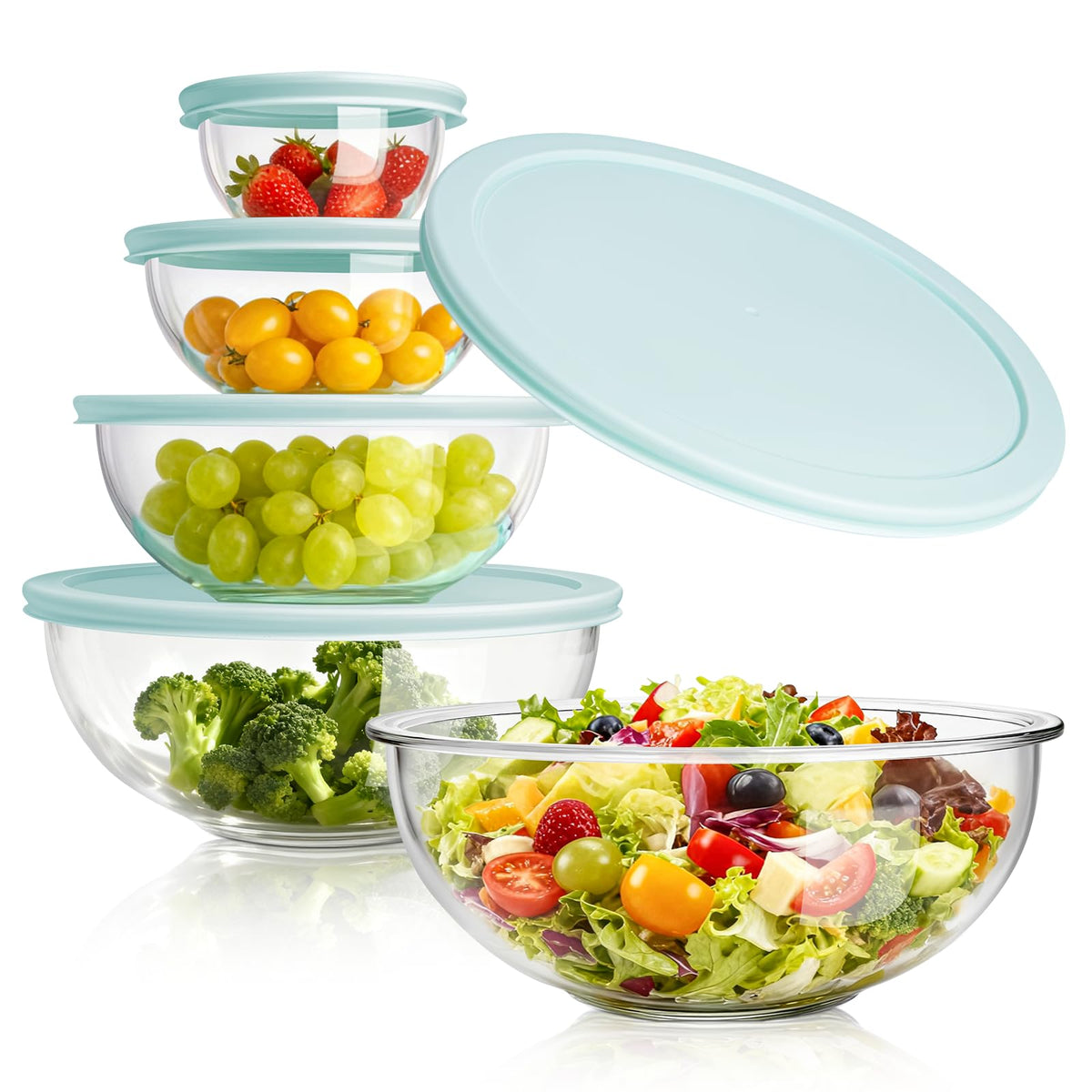 WhiteRhino Glass Mixing Bowl with Lids Set of 4,(1qt,1.5qt,2.5qt,3.7qt) Large Salad Bowl,Space-Saving Stacking Bowl for Kitchen Food Storage,Glass bowl for Cooking,Baking