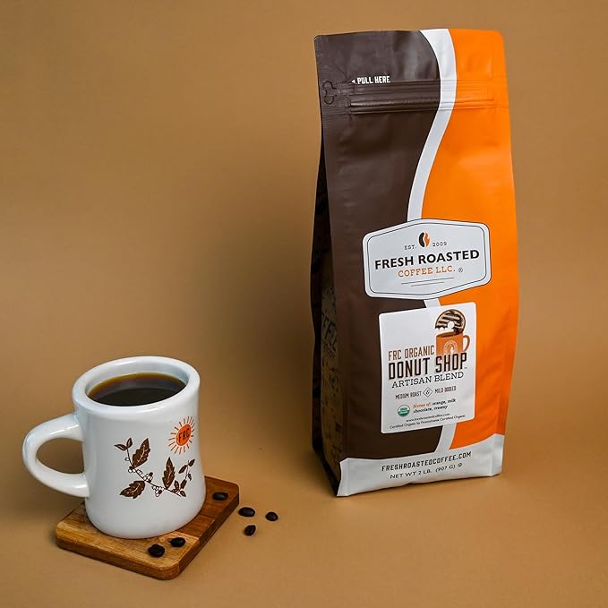 Fresh Roasted Coffee, Organic Donut Shop, 2 lb (32 oz), Medium Roast, Kosher, Whole Bean