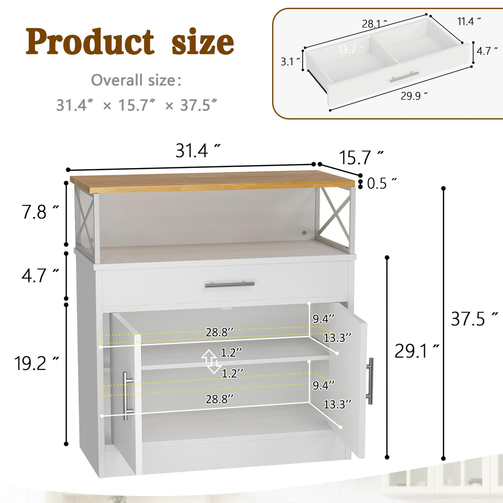 Vongrasig Coffee Bar Cabinet, Farmhouse Kitchen Storage Cabinet with Adjustable Shelf, 31“ Modern Sideboard Buffet Table for Kitchen, Dining Room, White