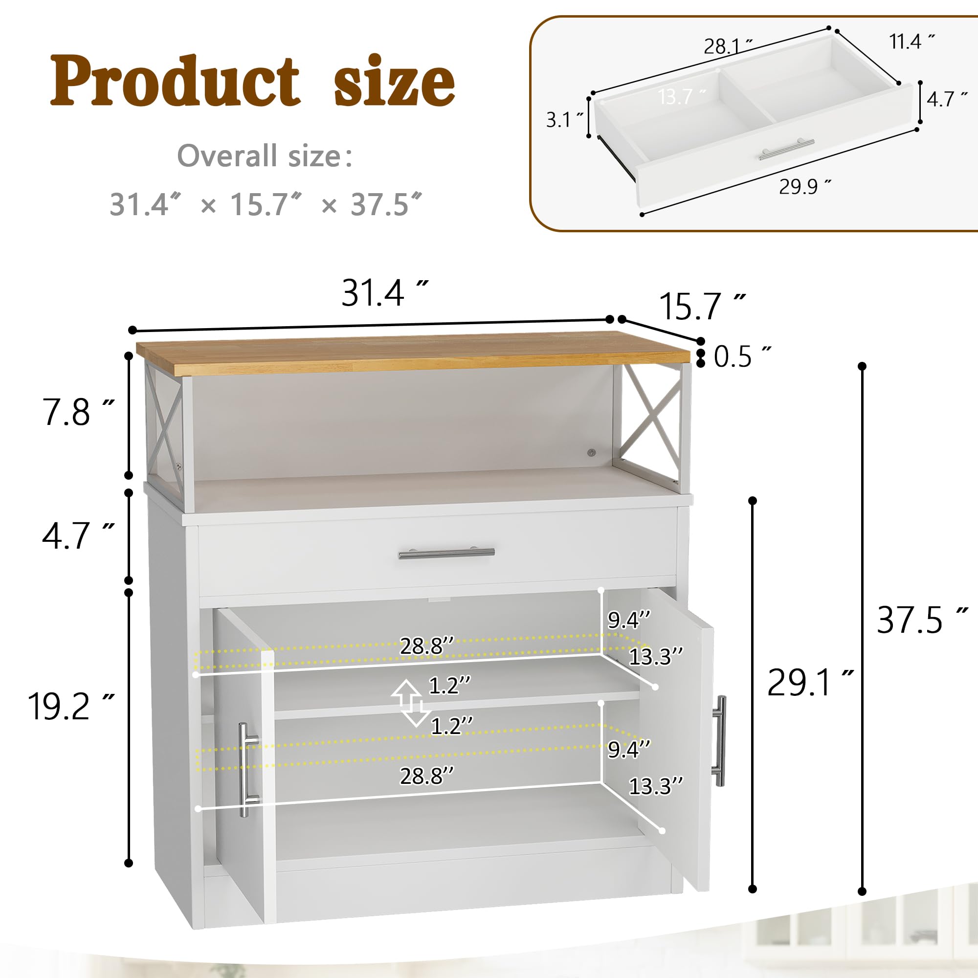 Vongrasig Coffee Bar Cabinet, Farmhouse Kitchen Storage Cabinet with Adjustable Shelf, 31“ Modern Sideboard Buffet Table for Kitchen, Dining Room, White