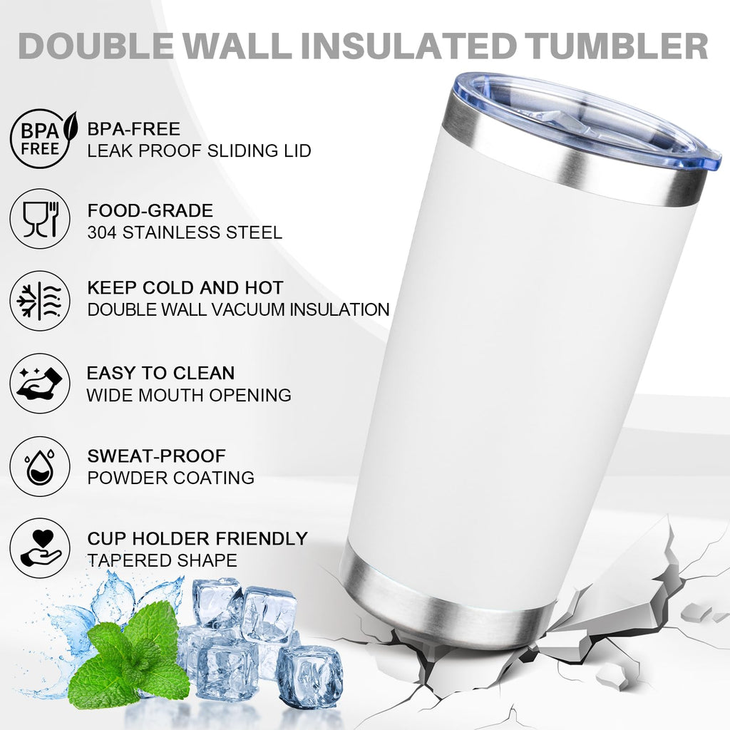 FLIFQI 20oz Tumbler with Lid Double Wall Vacuum Insulated Travel Coffee Mug Stainless Steel Thermal Cup Powder Coated Sturdy Coffee Tumbler for Hot and Cold Beverage (White,1)