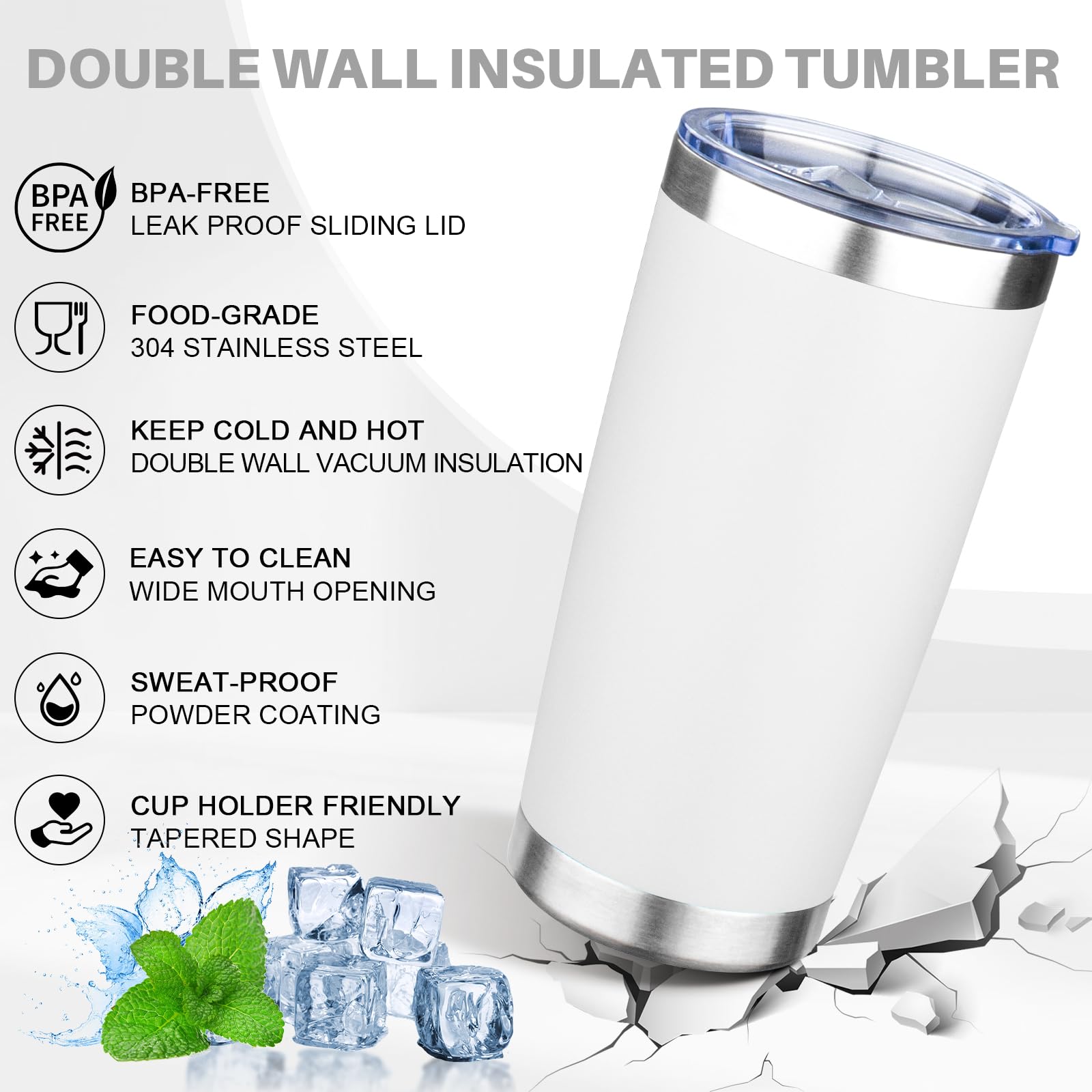 FLIFQI 20oz Tumbler with Lid Double Wall Vacuum Insulated Travel Coffee Mug Stainless Steel Thermal Cup Powder Coated Sturdy Coffee Tumbler for Hot and Cold Beverage (White,1)