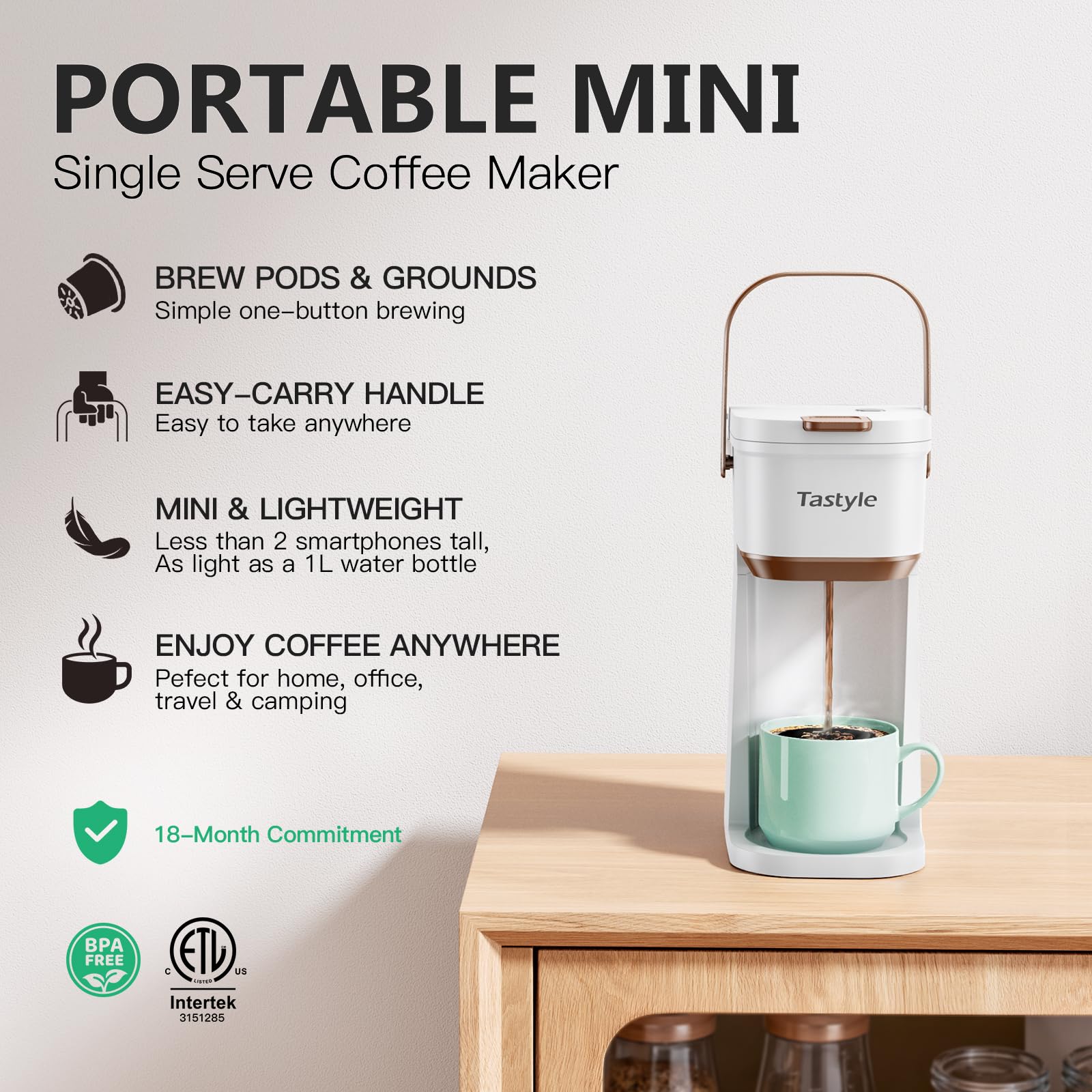 Tastyle Mini Single Serve Coffee Maker for K Cups and Grounds with Handle
