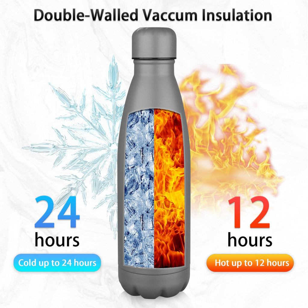 Insulated Water Bottle,17oz Stainless Steel Water Bottles with straw lid,Metal Sports Thermos Water Bottles for Boys,Girls,Double Wall Vacuum BPA-Free Flask for School, Sports (Grey)