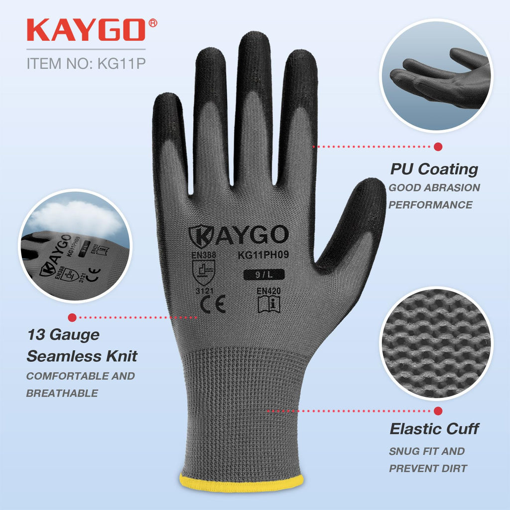 KAYGO Safety Work Gloves for Men Women, PU Coated Palm & Fingers, KG11P