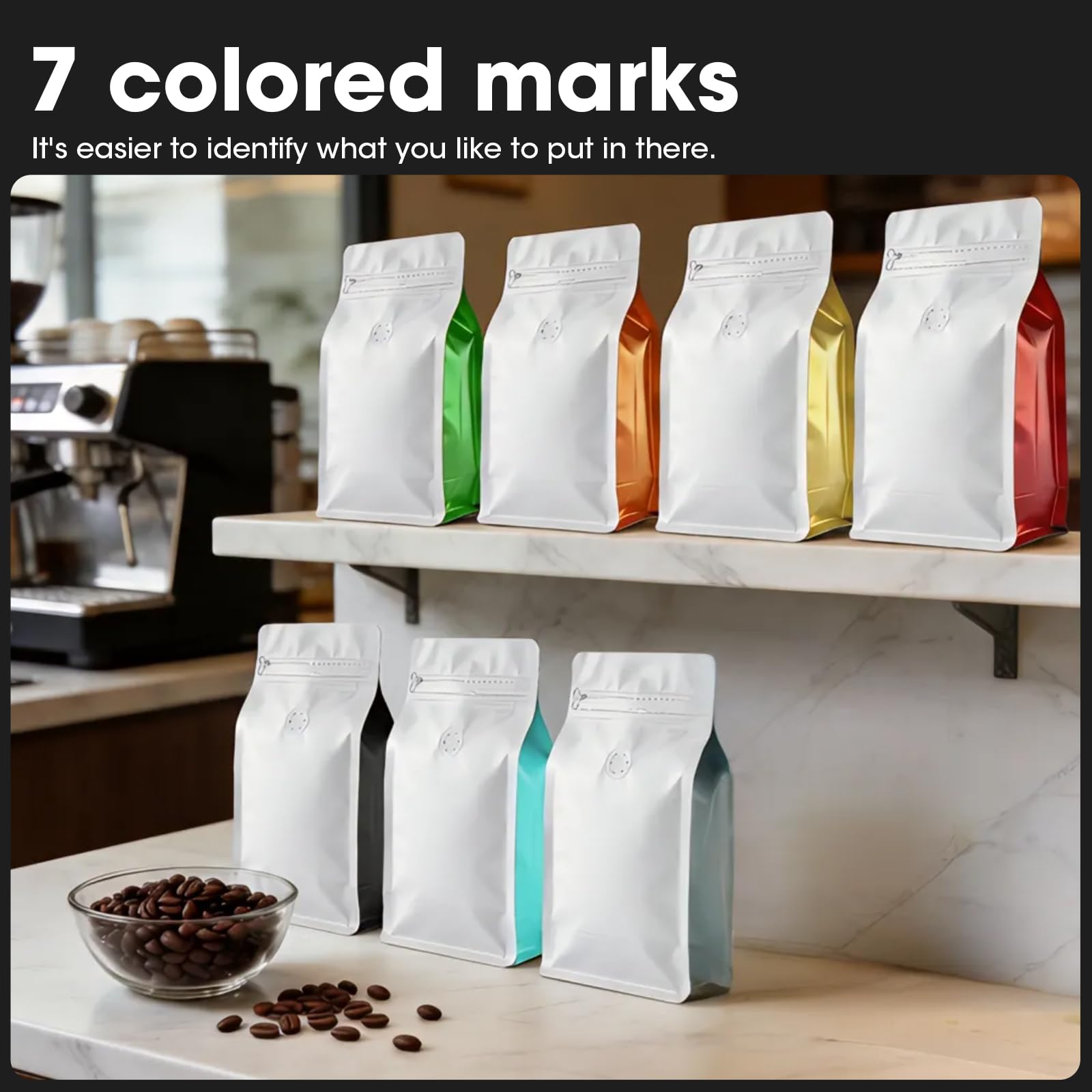 Coffee Bags with Valve(60pcs,16oz,1 lb) Vented Coffee Beans Packaging Bags High Barrier Aluminumed Foil Flat Bottom Heat Sealed Side Zipper Resealable Storage Bag for Home or Business（White+Black）
