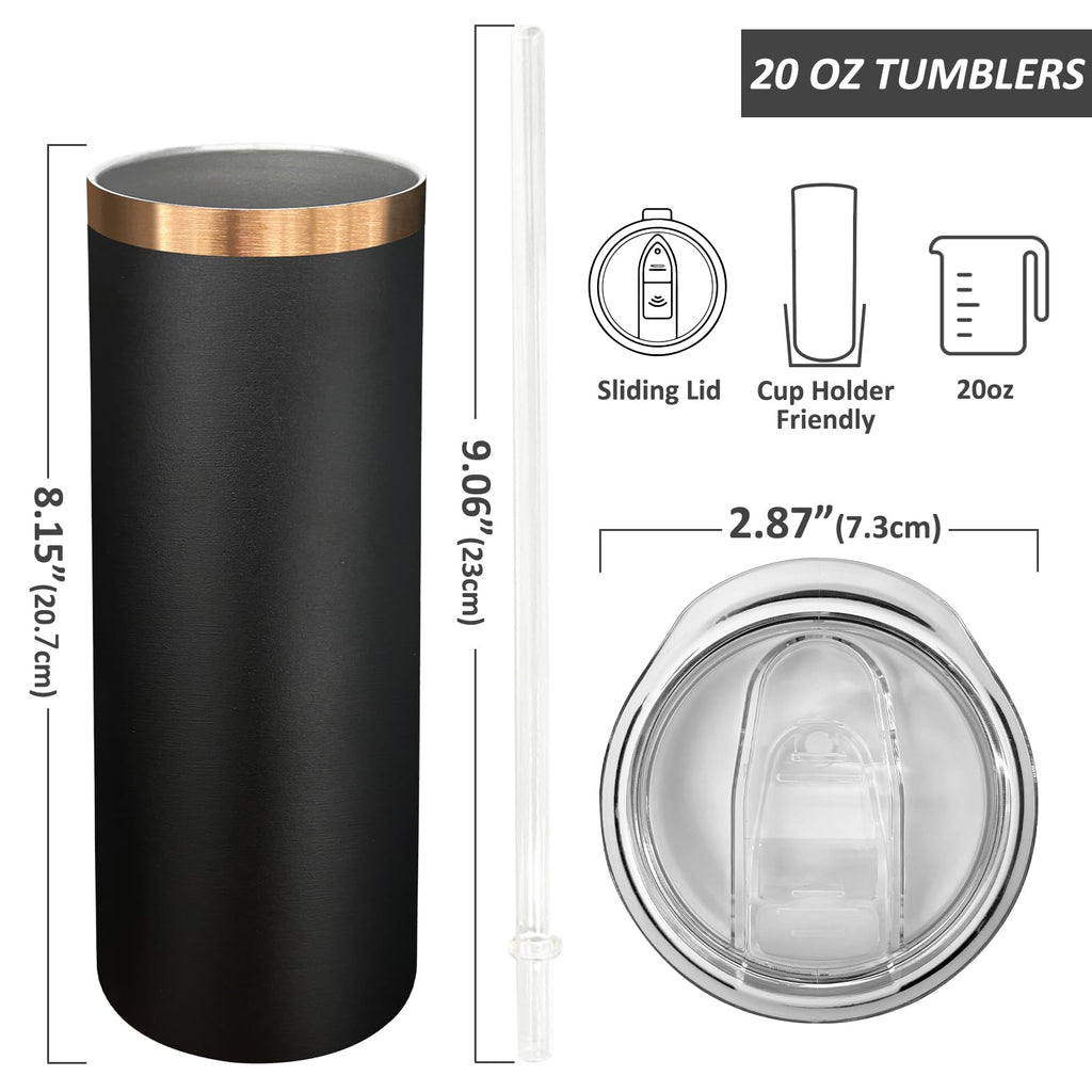 Metalya 20 oz Skinny Tumblers Bulk with Lids and Straws Black,4 pack