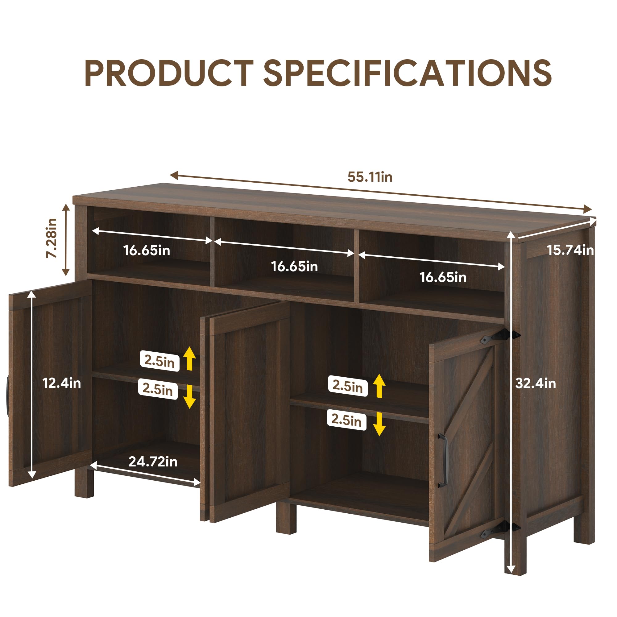 knoworld Buffet Sideboard with Storage Farmhouse with 4 Doors, 55'' Large Kitchen Storage Cabinet Wood Coffee Bar Cabinet Buffet Table with Shelves for Kitchen, Dining Room, Entryway (Brown, 55in)