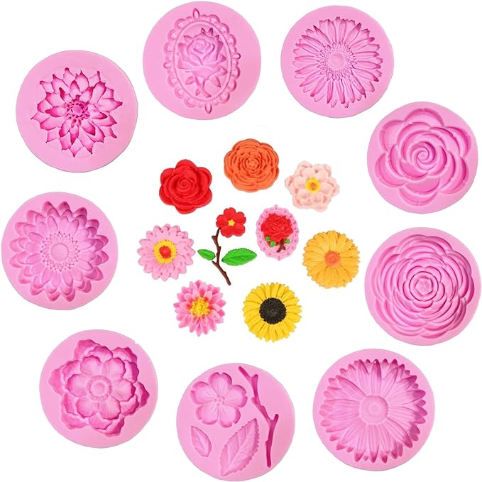 9 Pcs Flowers Fondant Molds Silicone Molds for Cupcake Dessert Chocolate Jelly Cookie Decor, Jewelry, Pastry, Chocolate,Handmade Soap Mould Candy Making