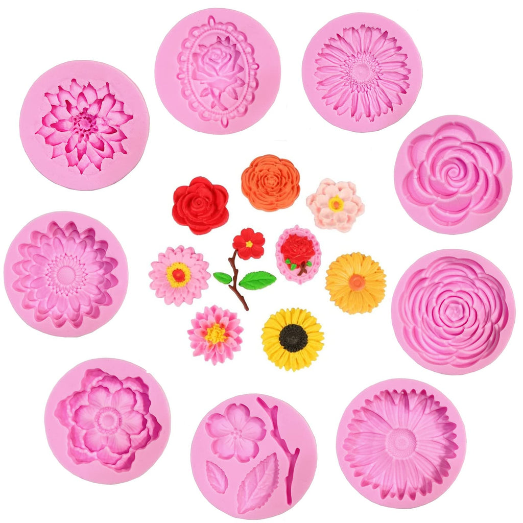 DD-life 9 Pcs Flowers Fondant Molds Silicone for Cupcake Dessert