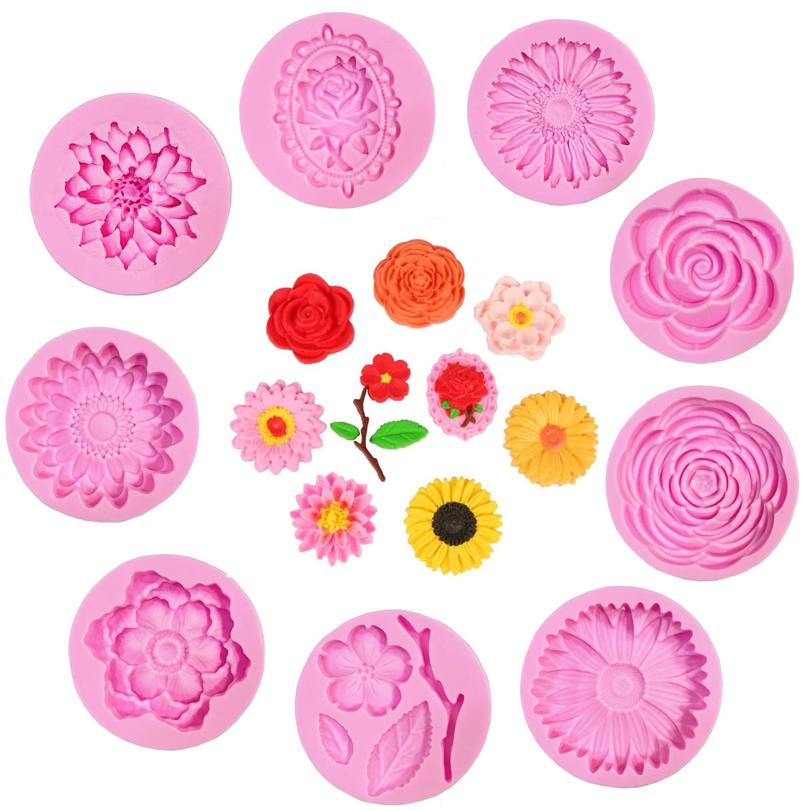 DD-life 9 Pcs Flowers Fondant Molds Silicone for Cupcake Dessert
