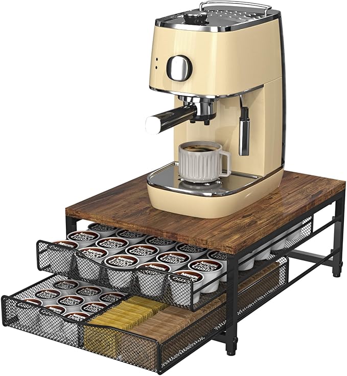 VyGrow Coffee Pod Holder For Counter, Wooden K Cup Holder with Double Layer Sliding Drawer, Large Capacity Coffee Pod Storage for Coffee Station, Home, Office, Kitchen