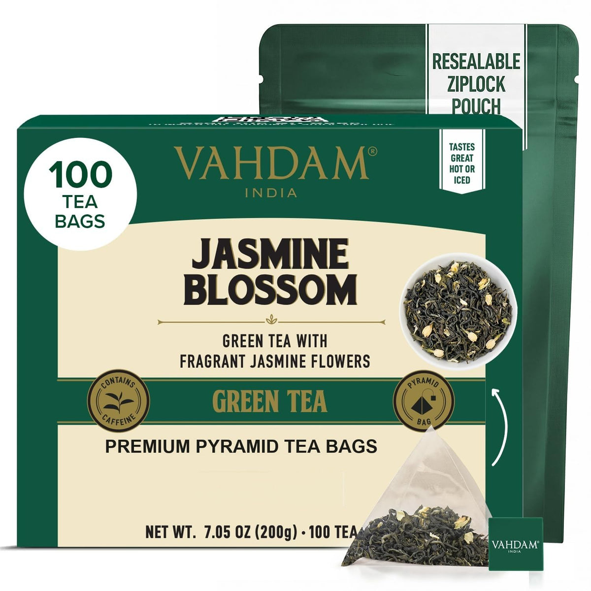 VAHDAM, Jasmine Green Tea Bags (100 Count) Med Caffeine, Non GMO | High Grown Green Tea Blended w/Pure Jasmine Flowers | Resealable Ziplock Pouch