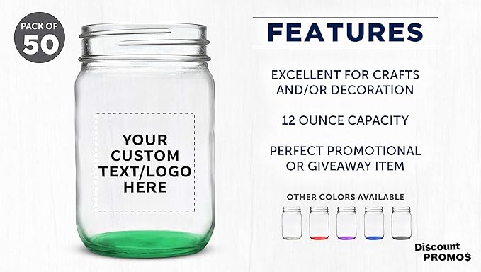 DISCOUNT PROMOS Custom Decorating Mason Jars 12 oz. Set of 50, Personalized Bulk Pack - Glass Jars for Overnight Oats, Candies, Fruits, Pickles, Spices, Beverages - Green