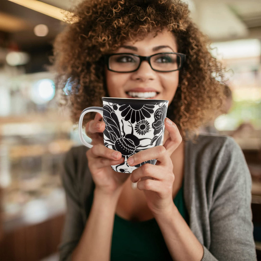 Karma Gifts 14 oz Black and White Boho Mug Bee - Cute Coffee and Tea Mug - Ceramic Coffee Mugs for Women and Men