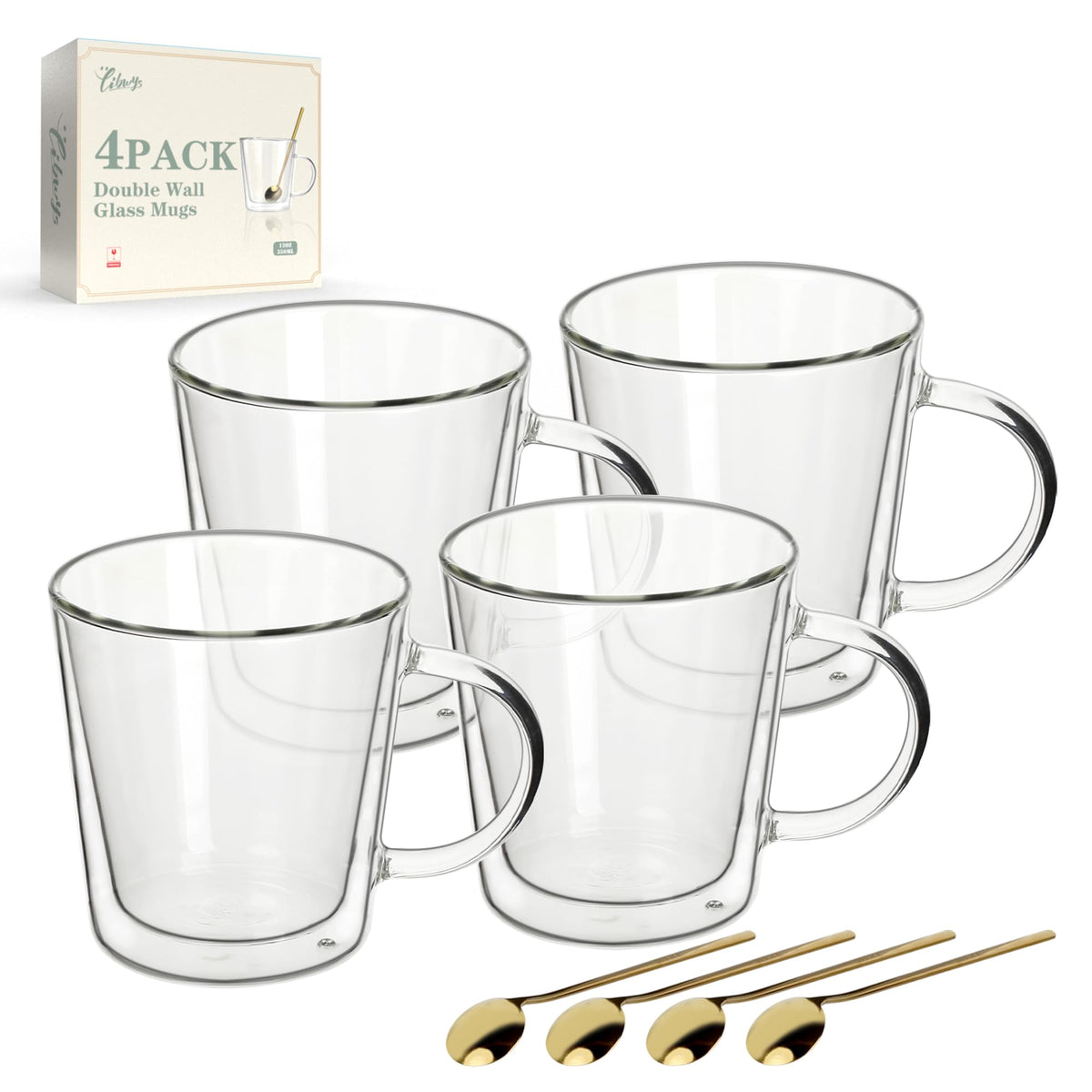 LIBWYS 12oz Double Wall Coffee Mugs (4-Pack) - Insulated Borosilicate Glass Cups with Handle for Espresso, Cappuccino, Latte - Heat Resistant, Dishwasher Safe Hot/Cold Beverage Glasses 350ml