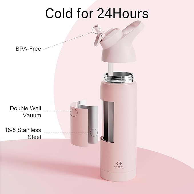 Insulated Water Bottle with Straw - Encool Stainless Steel Water Bottle, Reusable Leakproof and BPA-Free for Sports, Travel, Cold for 24 Hours, 24 oz, Cotton Candy