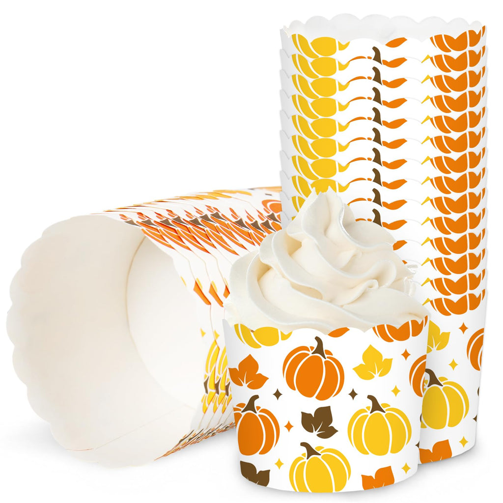 Whaline 100Pcs Fall Paper Baking Cups Pumpkin Maple Leaf Cupcake Wrappers Orange Yellow Brown Scalloped Edge Cupcake Muffin Cases for Autumn Thanksgiving Dessert Decoration