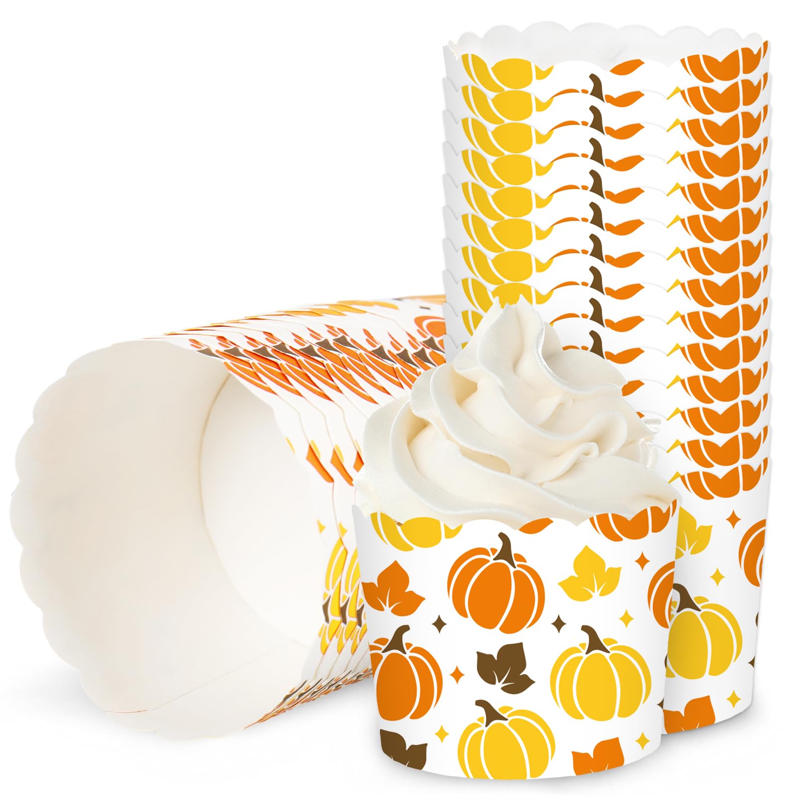 Whaline 100Pcs Fall Paper Baking Cups Pumpkin Maple Leaf Cupcake Wrappers Orange Yellow Brown Scalloped Edge Cupcake Muffin Cases for Autumn Thanksgiving Dessert Decoration