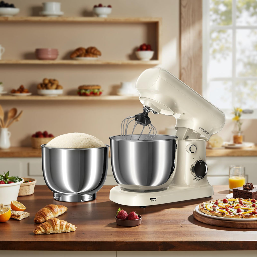 Stand Mixer with 3QT+3.5QT Dual Bowls, 10-Speed Electric 300W Food Mixer - Includes Egg Whisk, Dough Hook & Flat Beater for Home Baking & Daily Cooking (White)