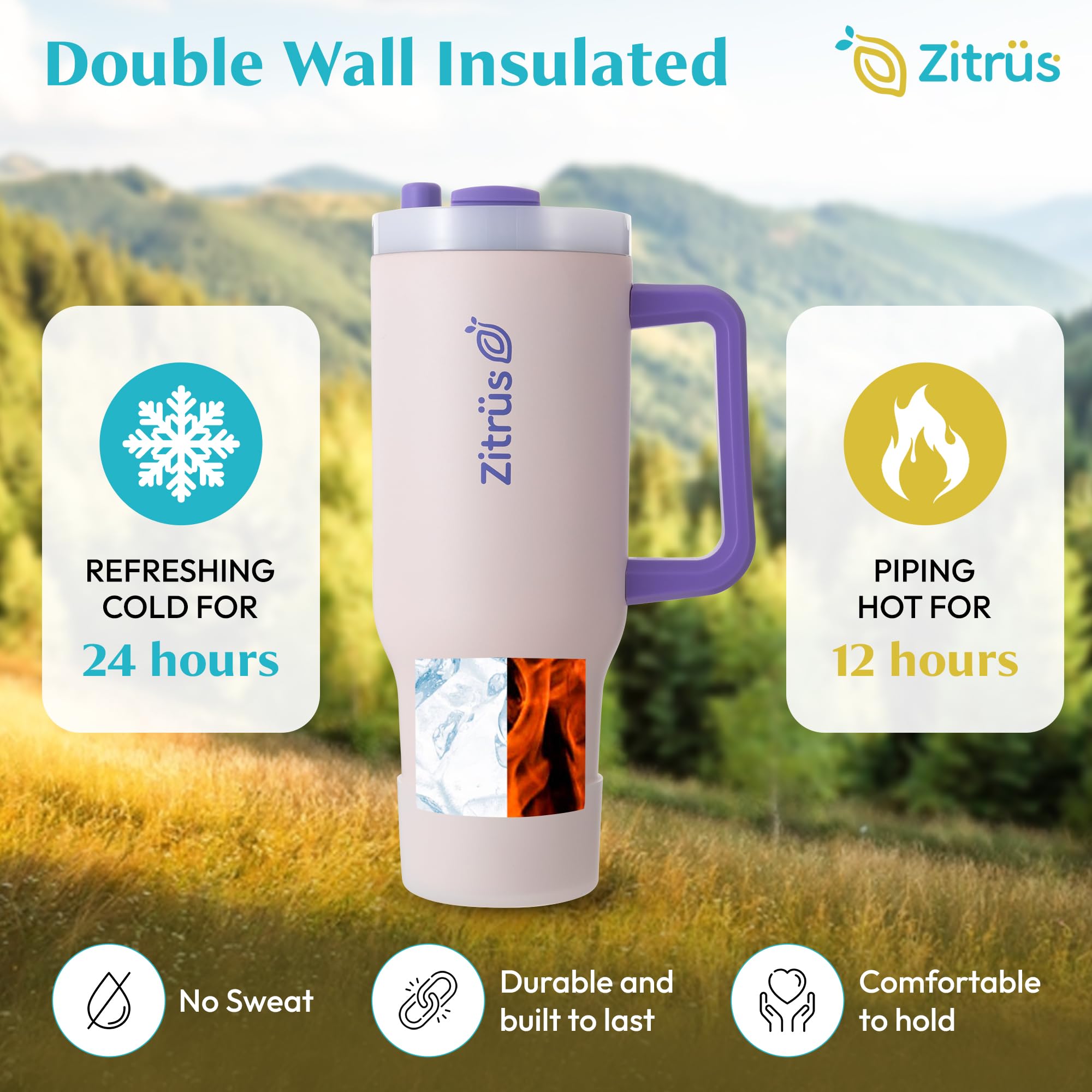 ZITRÜS 40 oz Tumbler with Handle and Straw | Leak Proof Insulated Stainless Steel Water Bottle Travel Mug Fits in Cup Holder | Keeps Cold Hot | Gifts for Women Men Him Her (Pink, 40 oz)