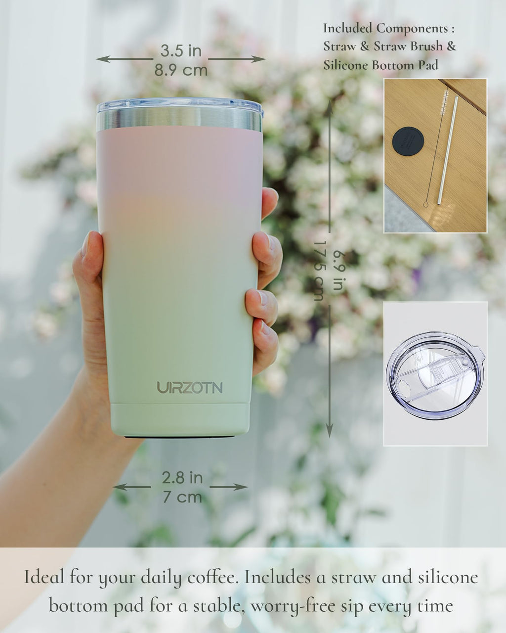 UIRZOTN Travel Coffee Tumbler 20oz, Leakproof Travel Coffee Mug with Lid and Straw, Stainless Steel Double Wall Vacuum Insulated Tumbler for Hot/Iced Drinks (Textured Matte, Soft Pink-Mint Green Fade)