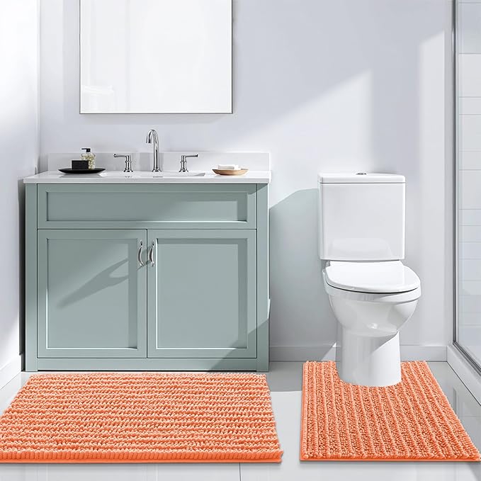 Arotive Luxury Chenille Bathroom Rug Mat, Extra Soft Thick Absorbent Shaggy Bath Rugs, Non-Slip Machine Wash Dry, Plush Bath Mats for Bathroom, Shower and Tub, 60x24, Coral