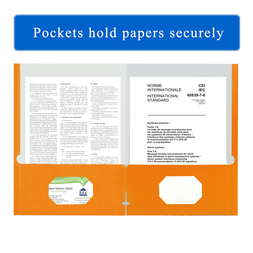 Zzrywuty File folders with Pockets,Orange Two folders for documents,25 Pack Paper Folders with Card Slot,Letter Size,School Students,Business,Home and Office Workers