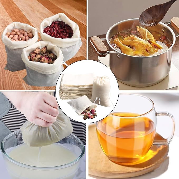 Eketirry Spice Bags, 20pcs Reusable Empty Tea Bags, Muslin Strainer Bags, Soup Bags for Cooking, Natural Cotton Fine Mesh Cheesecloth Bags for Cold Brew Coffee(5 x6.3Inch)