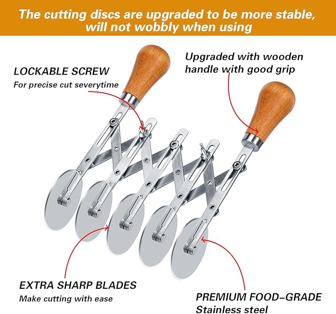 Juome 5 Wheel Pastry Cutter with Wooden Handle, Multi-Round Wheel Pasta Dough Cutter Roller Pizza Slicer Accordion Pastry Knife Divider Tool