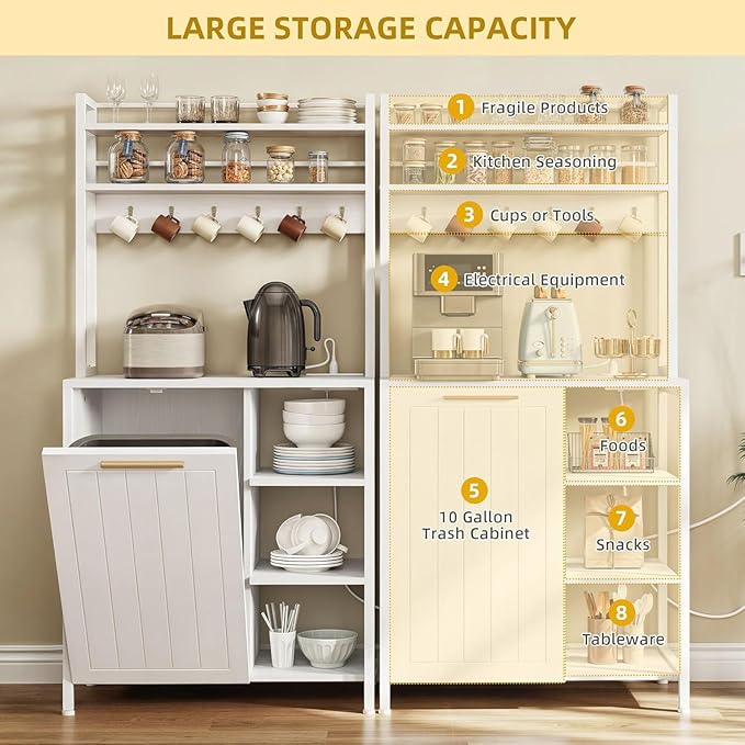 YITAHOME Bakers Rack with Storage Microwave Stand with Trash Can Bin Cabinet and Power Outlet 6-Tiers Coffee Stand Large Microwave Table for Kitchen Dining Room Living Room White