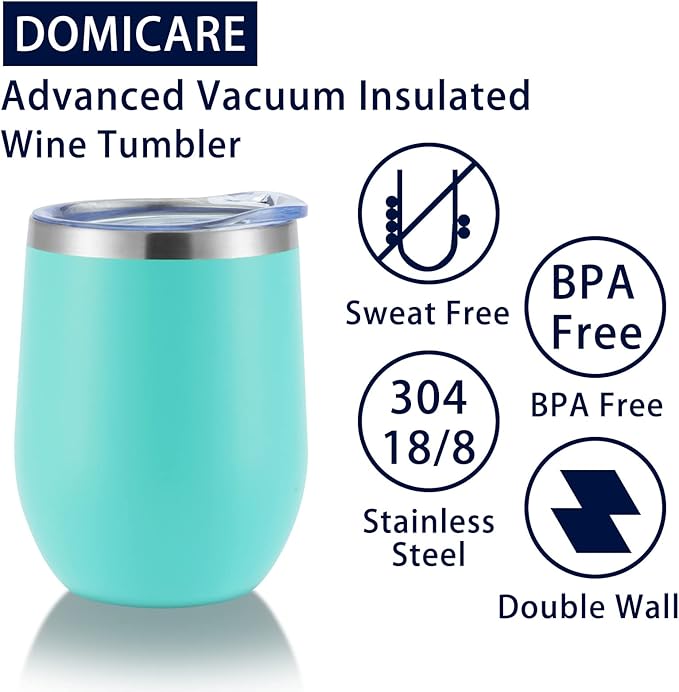 DOMICARE Stainless Steel Wine Tumbler Bulk with Lid, Personalized Insulated Tumblers Set, 12oz Travel Coffee Cups Pack of 1, Light Blue