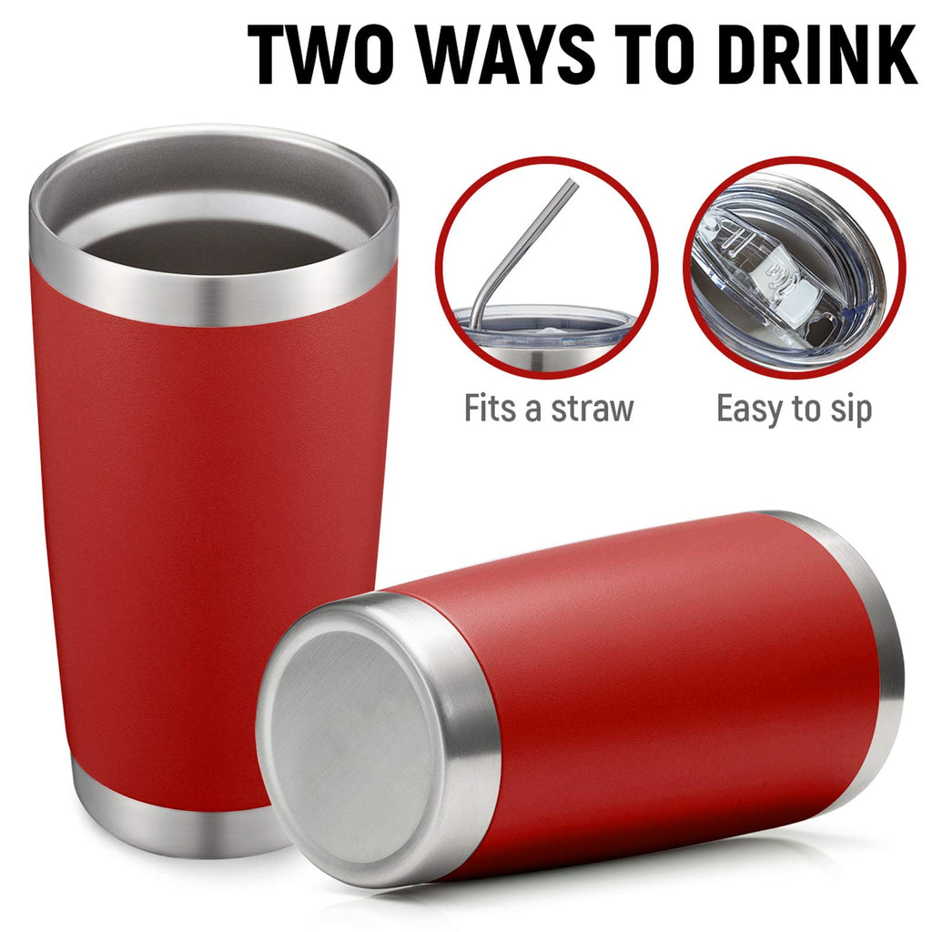 COMOOO 20oz Double Wall Vacuum Insulated Travel Mug, Stainless Steel Tumbler with Lid and Straw Durable Powder Coated Insulated Coffee Cup for Cold & Hot Drinks (Red, 4 PACK)
