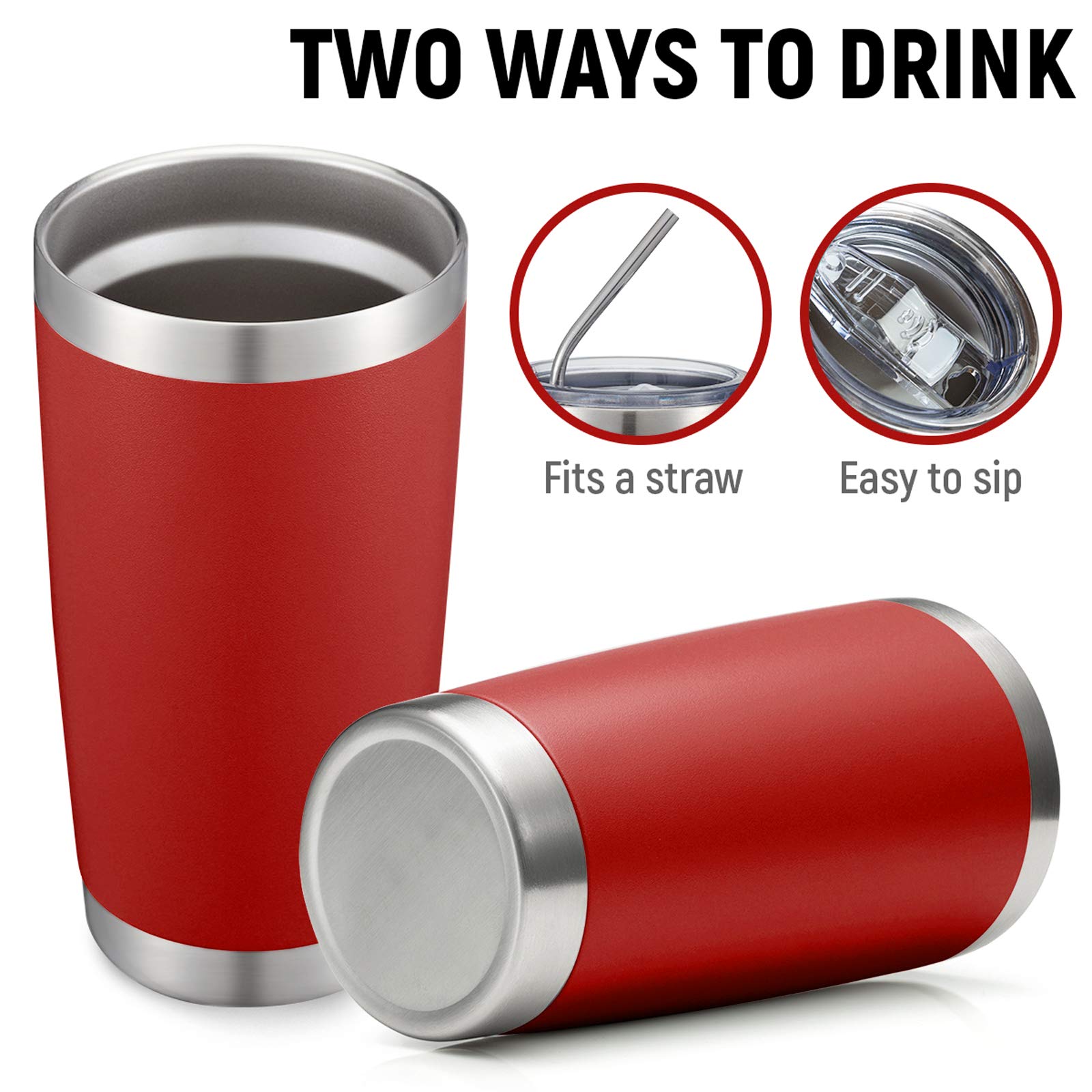 COMOOO 20oz Double Wall Vacuum Insulated Travel Mug, Stainless Steel Tumbler with Lid and Straw Durable Powder Coated Insulated Coffee Cup for Cold & Hot Drinks (Red, 8 PACK)