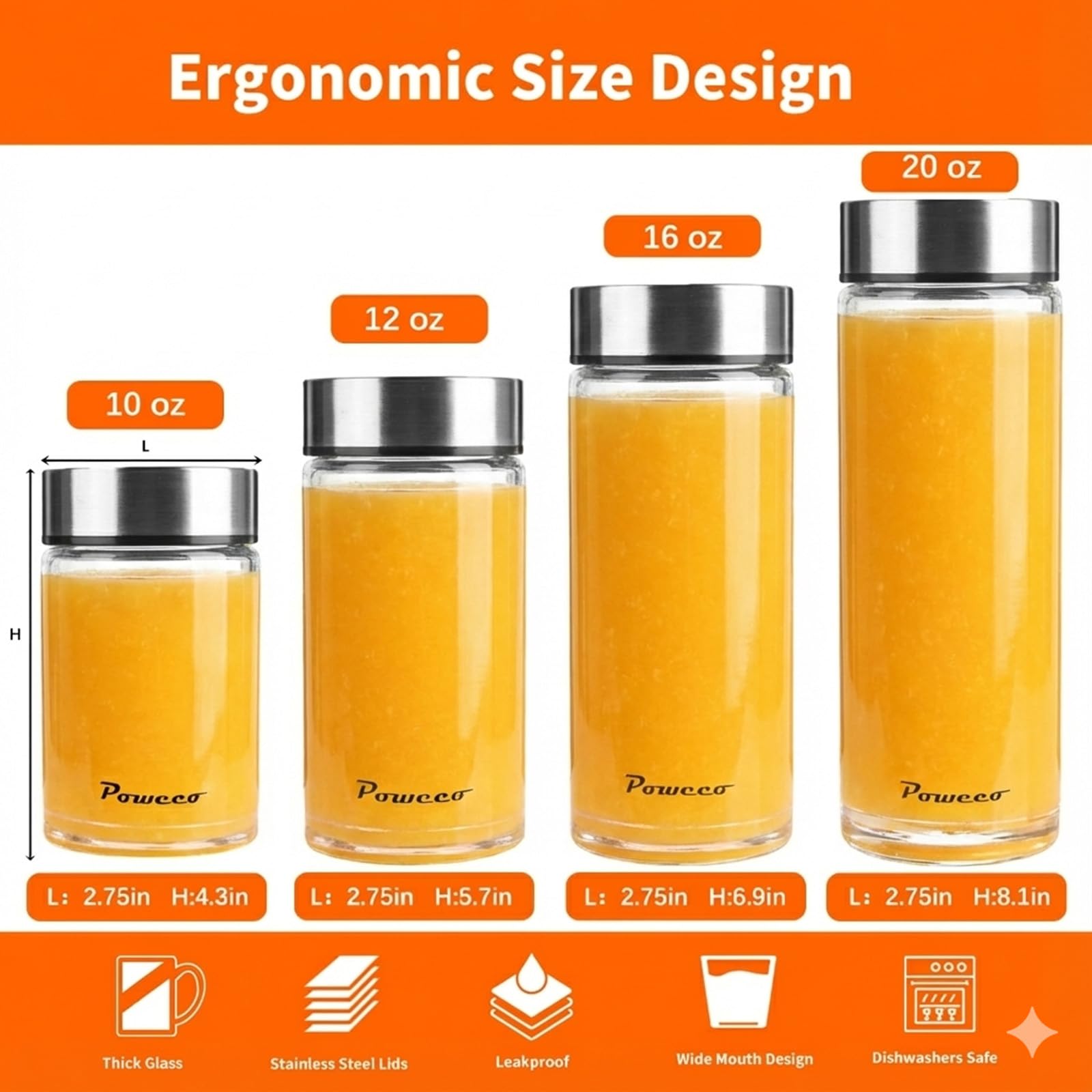 poweco Glass Juice Bottles 6 Pack 16 oz - Wide Mouth Glass Water Bottles with Lids - for Juicing, Protein, Smoothie, Milk, Reusable, BPA Free, Stainless Steel Lids, Blender, Shaker Bottle (500ml)