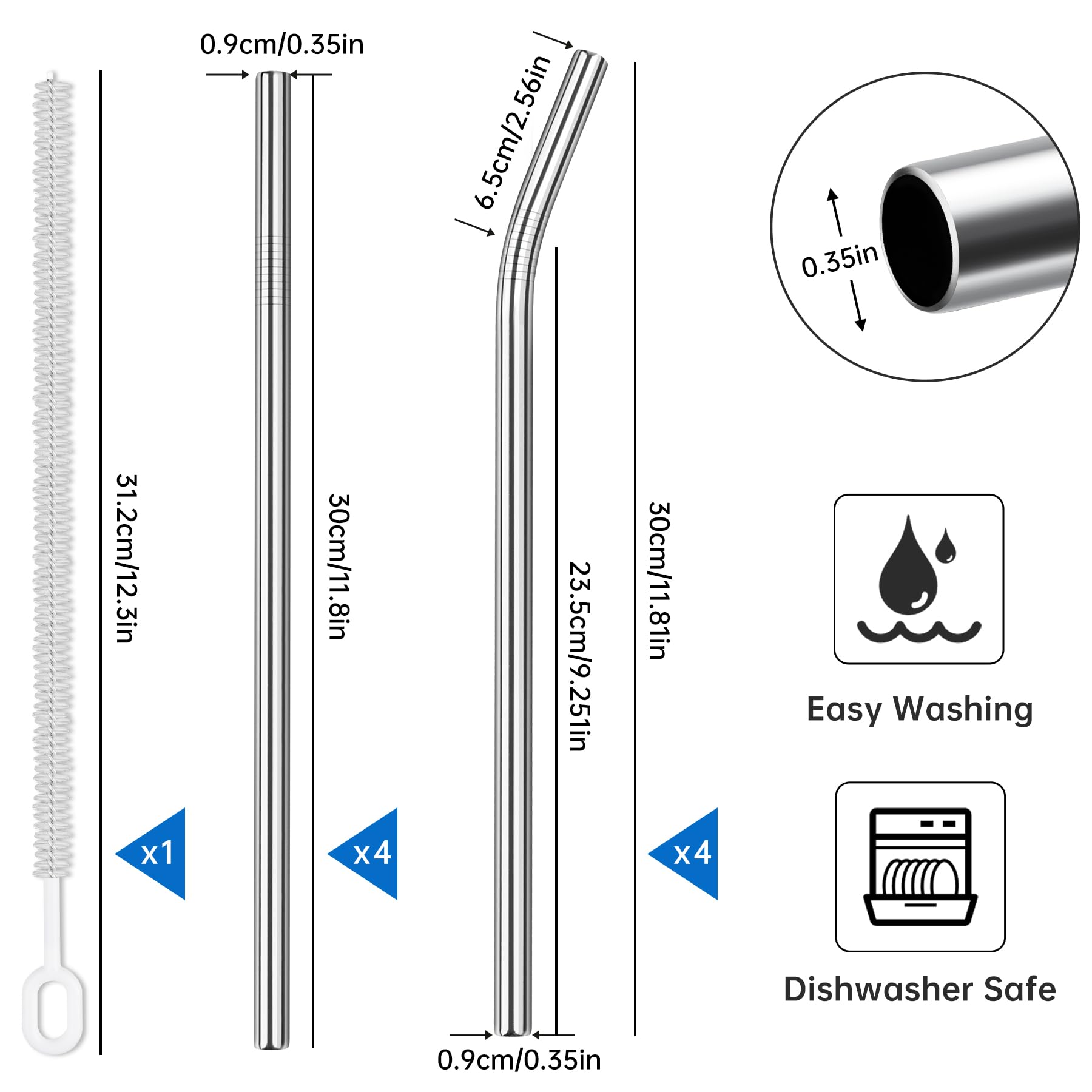 Tomorotec 8PCS Stainless Steel Straws Fit for 40oz Stanley Tumblers, Silver