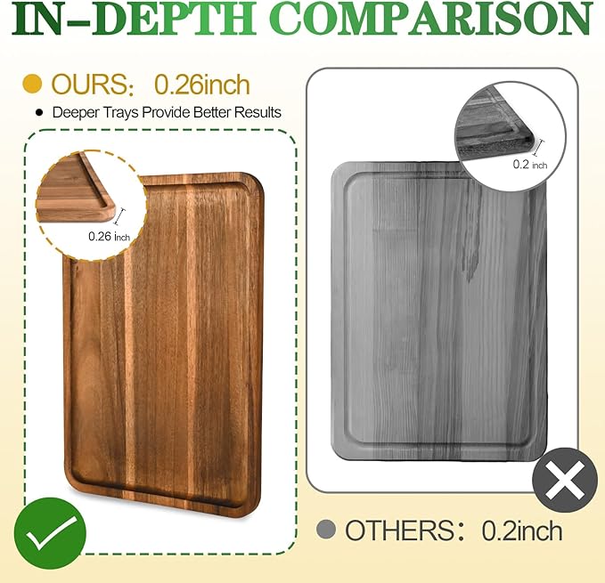 2 Pcs Acacia Wood Serving Tray, Charcuterie Boards Rectangular Wooden Platter, Large Serving Tray Wood Kitchen Display Tray for Food, Cookie, Dessert, Fruit, Snack, Vegetable, 13" x 9" x 0.6"