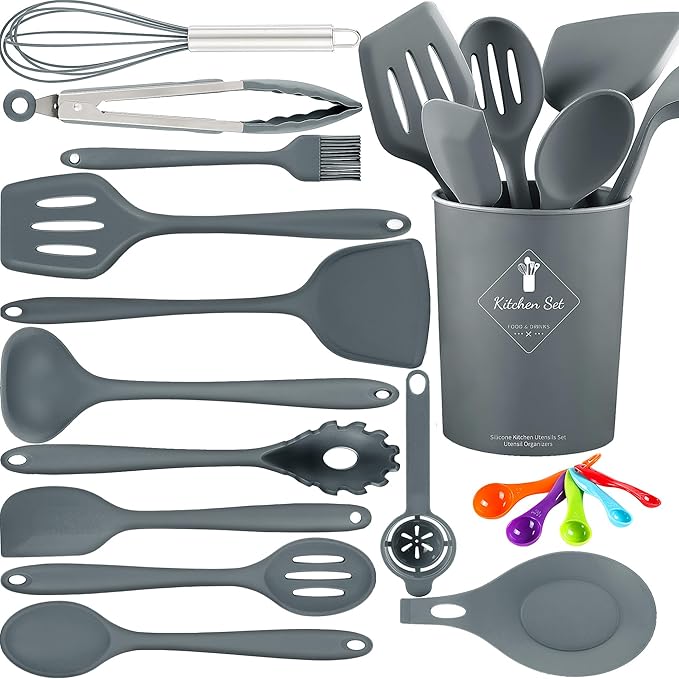 18 Pcs Cooking Utensils Set, Kitchen Utensils Set with Utensil Holder, 446°F Heat Resistant Silicone Spatula Set, Kitchen Gadgets Tools Set for Nonstick Cookware BPA FREE
