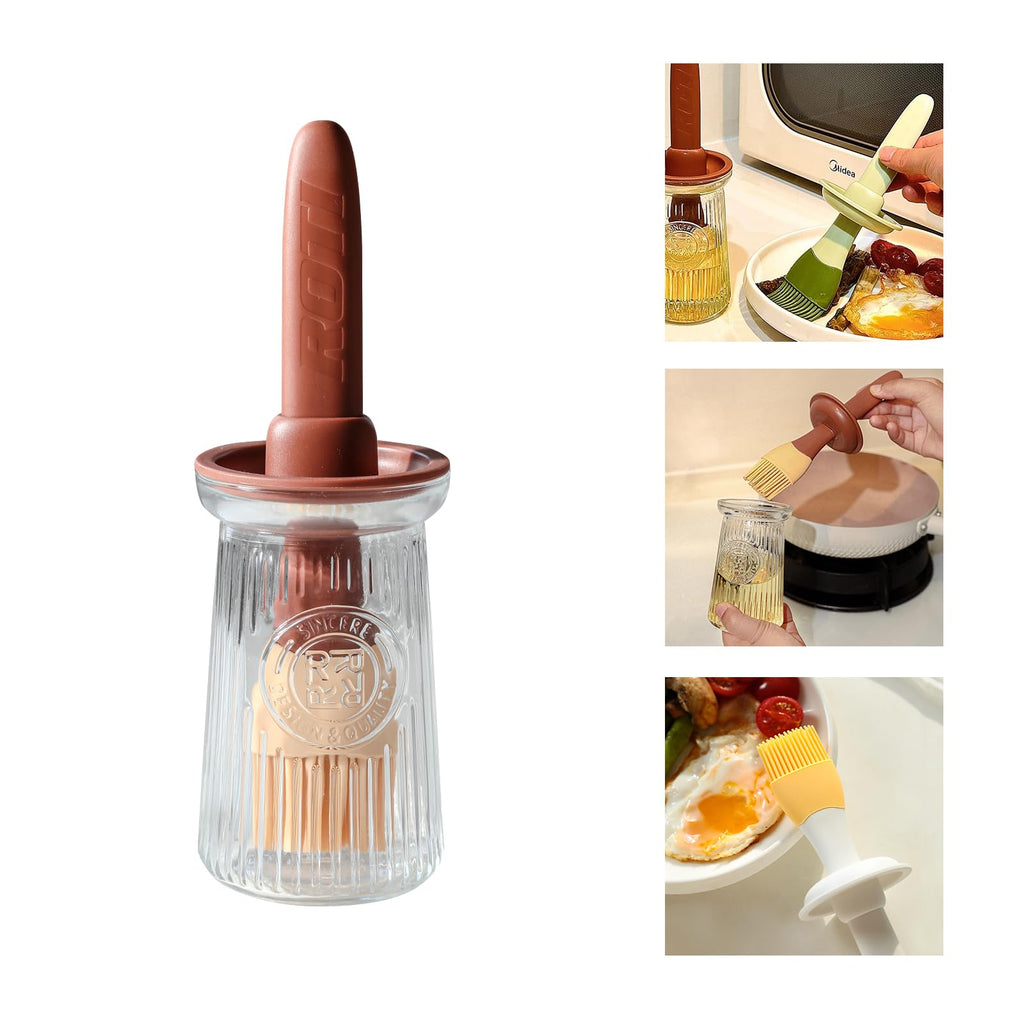 Uteynee Oil Dispenser with Brush - Glass Olive Oil Dispenser for Kitchen, 3 IN 1 Oil Dispenser Bottle with Silicone Basting Brush for Cooking Vinegar Sauce BBQ Grill Frying (Brown)
