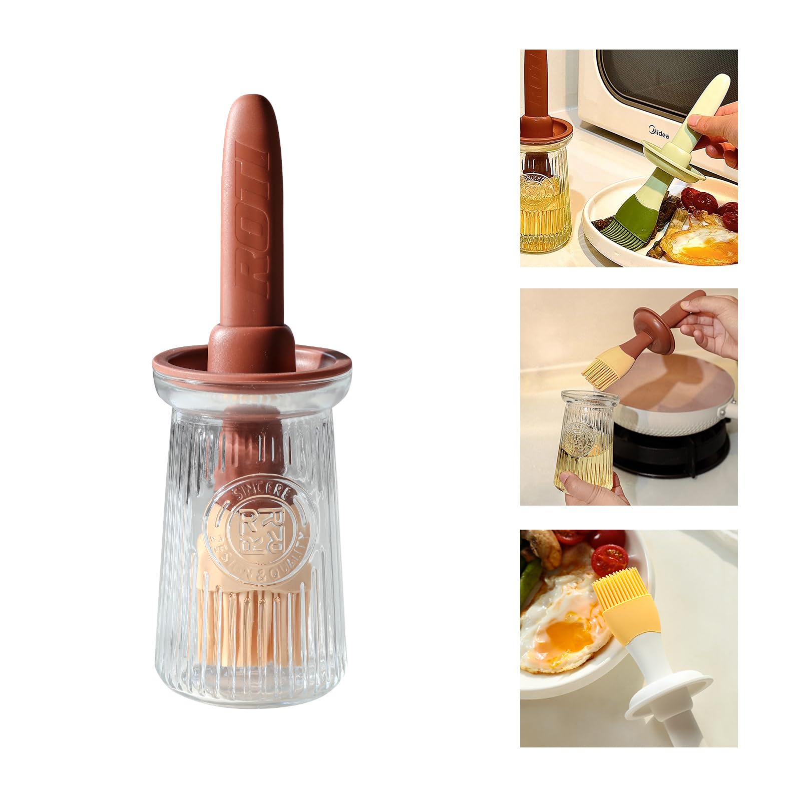 Uteynee Oil Dispenser with Brush - Glass Olive Oil Dispenser for Kitchen, 3 IN 1 Oil Dispenser Bottle with Silicone Basting Brush for Cooking Vinegar Sauce BBQ Grill Frying (Brown)
