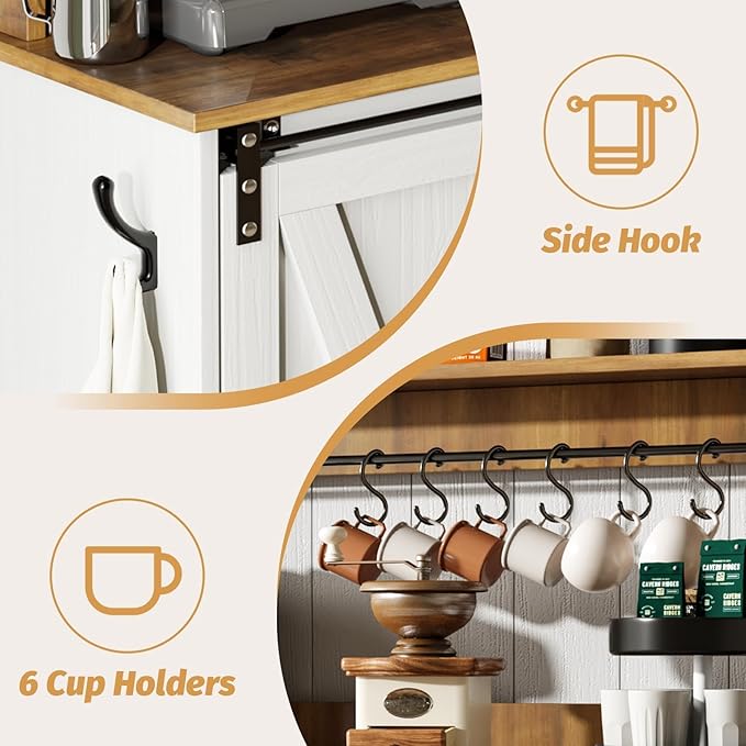 4ever2buy Farmhouse Coffee Bar Cabinet with 6 Hooks, 47'' Kitchen Coffee Bar with Hutch and 9 Wine Racks, White Sideboard Buffet with Sliding Barn Door for Dining Living Room