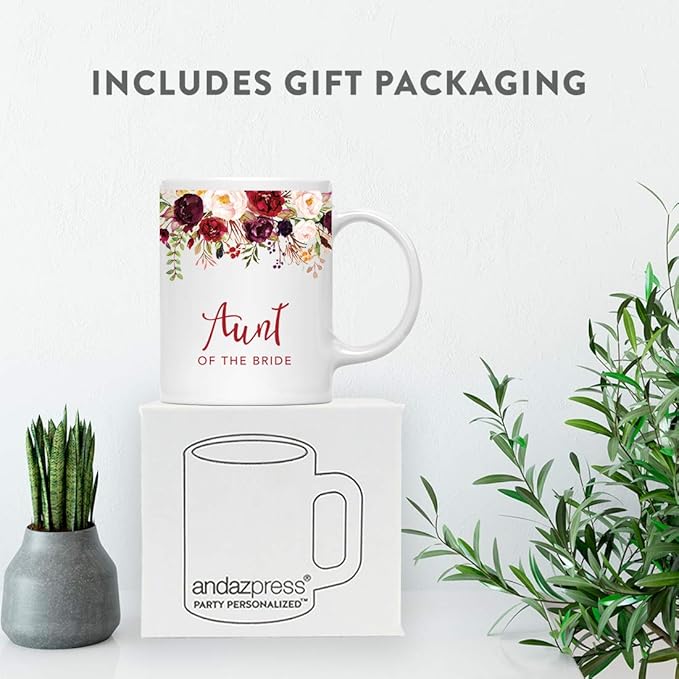 Andaz Press 11oz. Wedding Ceramic Coffee Tea Mug Gift, Fall Autumn Marsala Burgundy Flowers Roses Florals, Aunt of the Bride, 1-Pack, Includes Gift Box